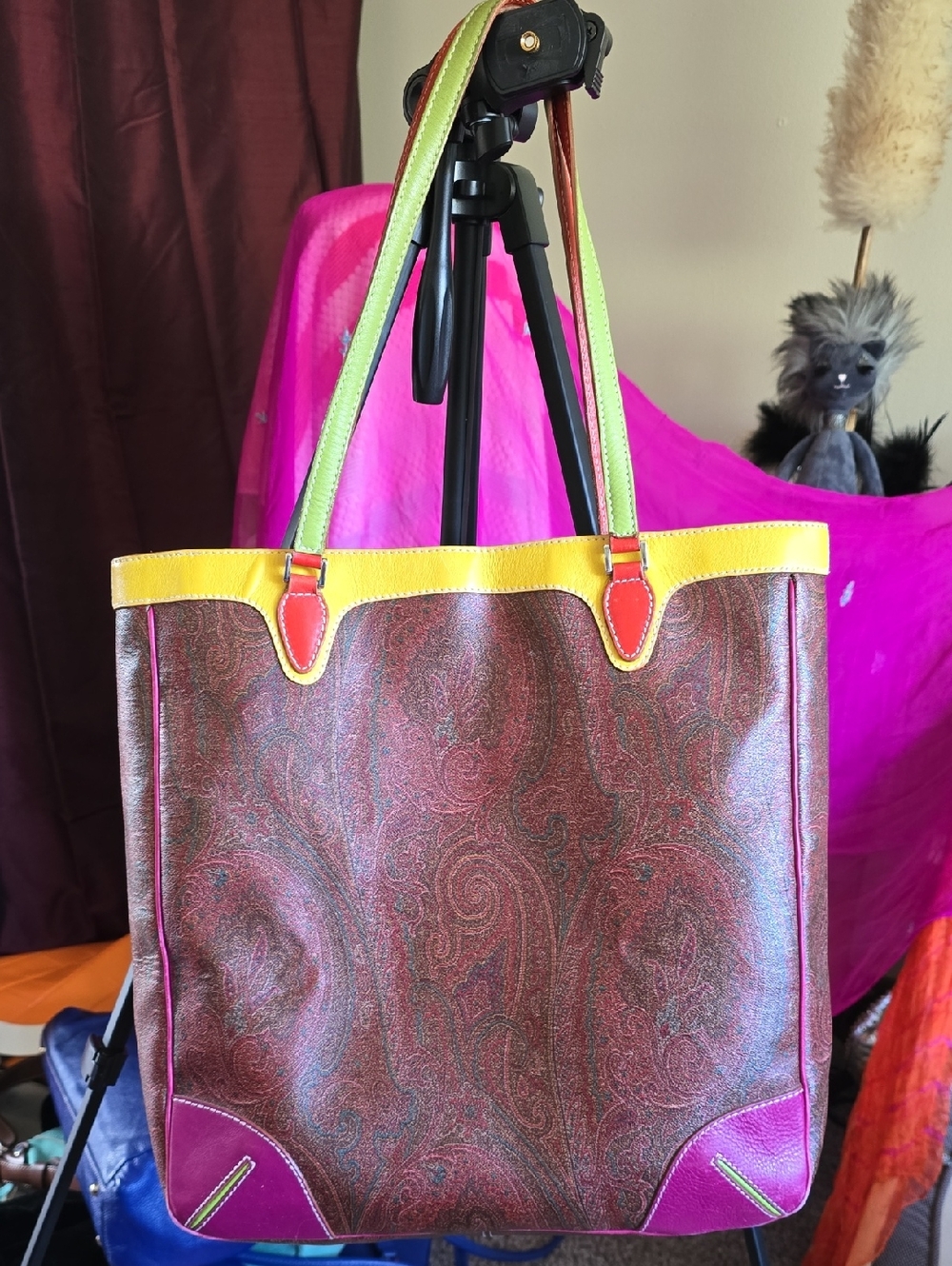 Paisley Colorblock Tote Bag in Brown with Yellow, Pink & Green Trim